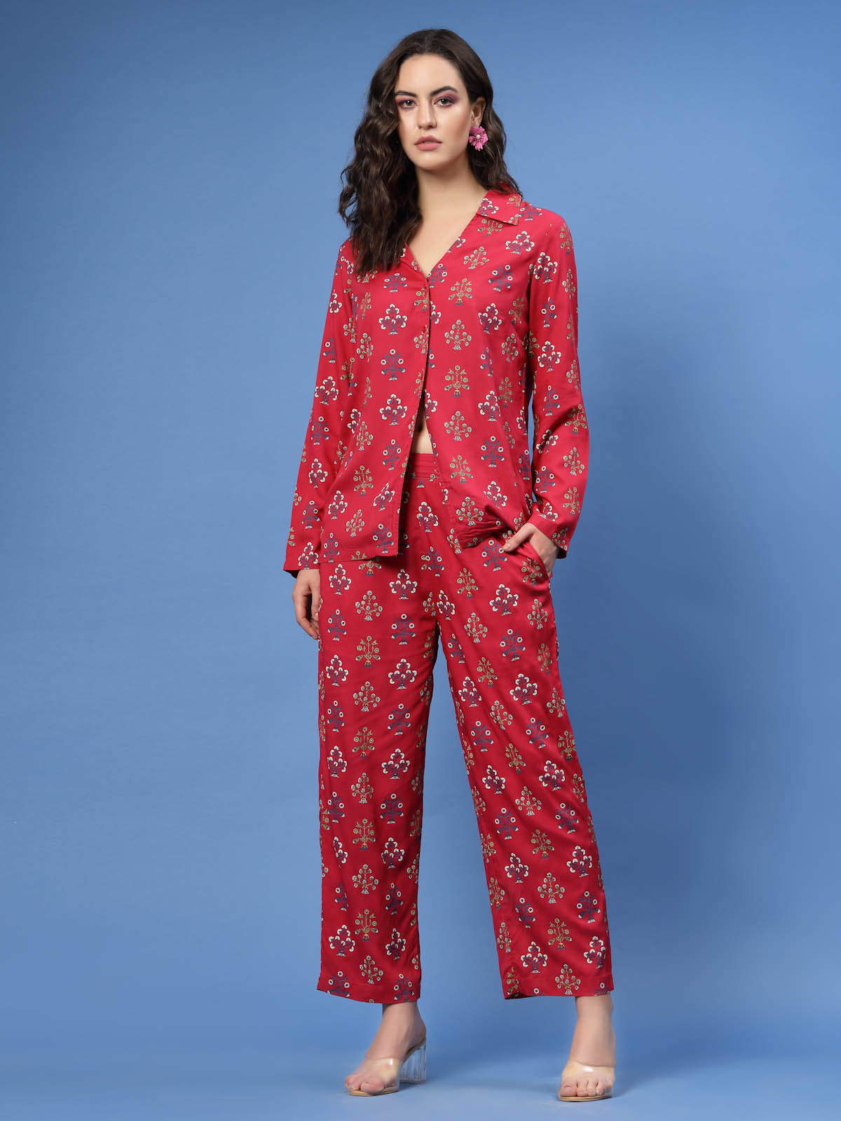 Red & Blue Ethnic Motifs Printed Shirt & Trouser