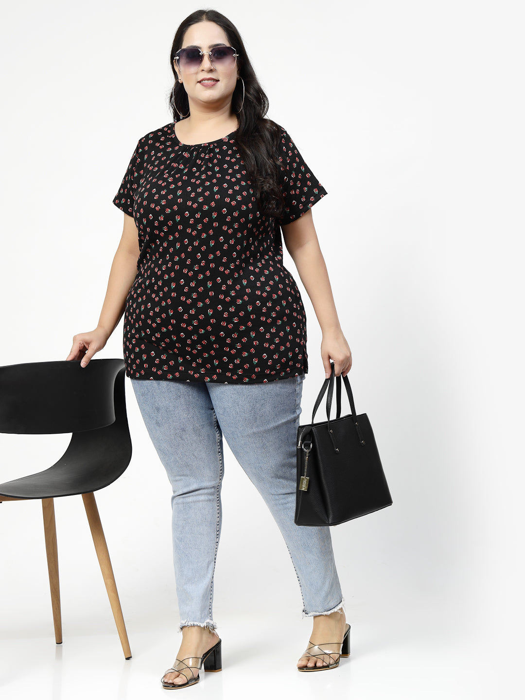 Plus Size Black Abstract Printed Cotton T-shirt