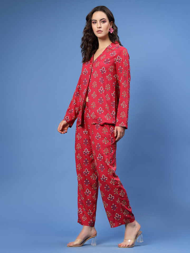 Red & Blue Ethnic Motifs Printed Shirt & Trouser