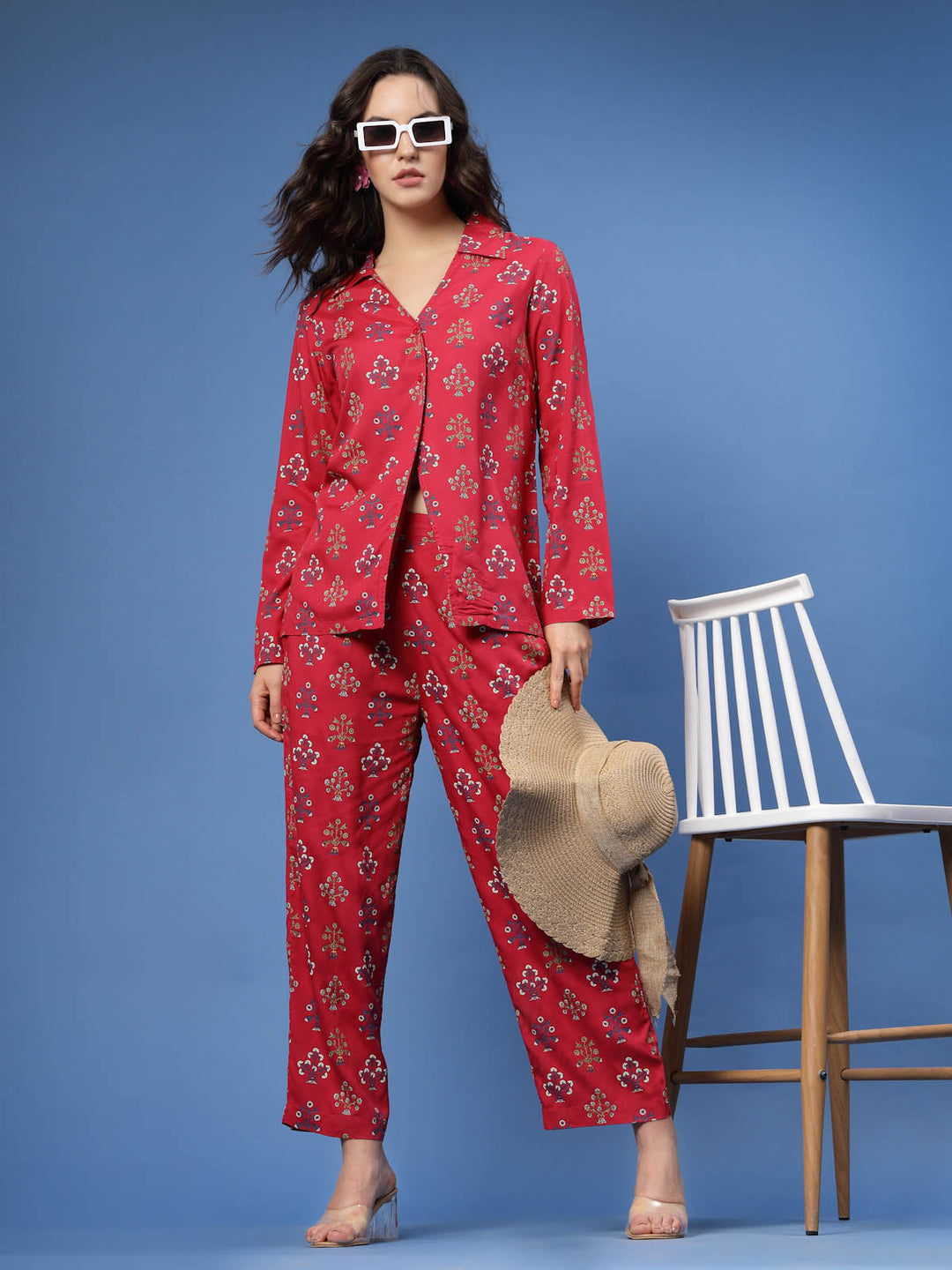 Red & Blue Ethnic Motifs Printed Shirt & Trouser