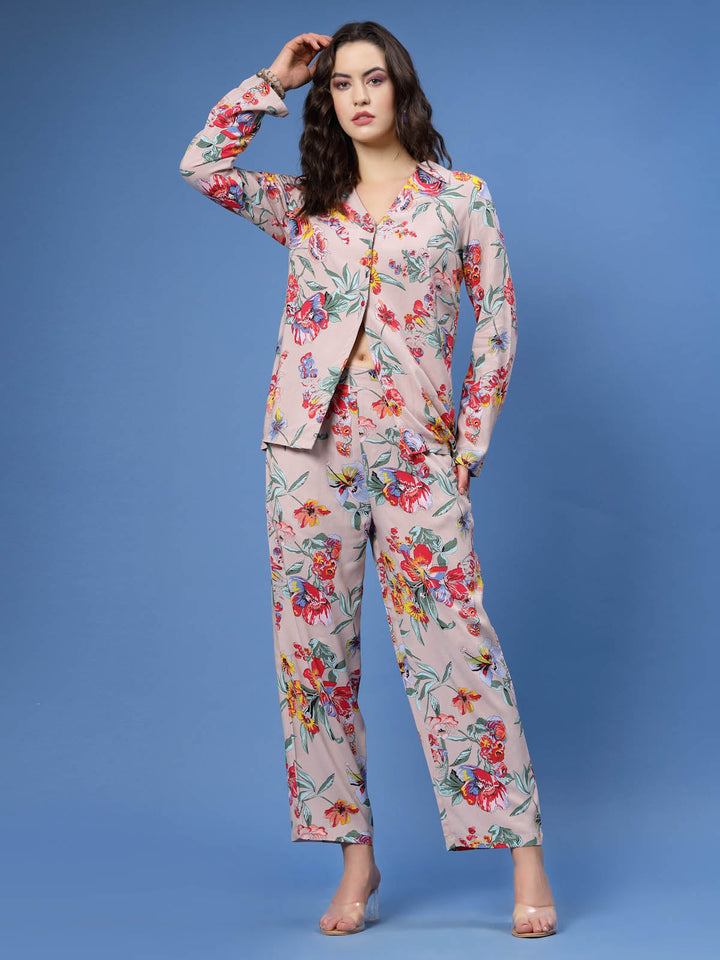 Floral Printed Shirt Collar Top With Trousers