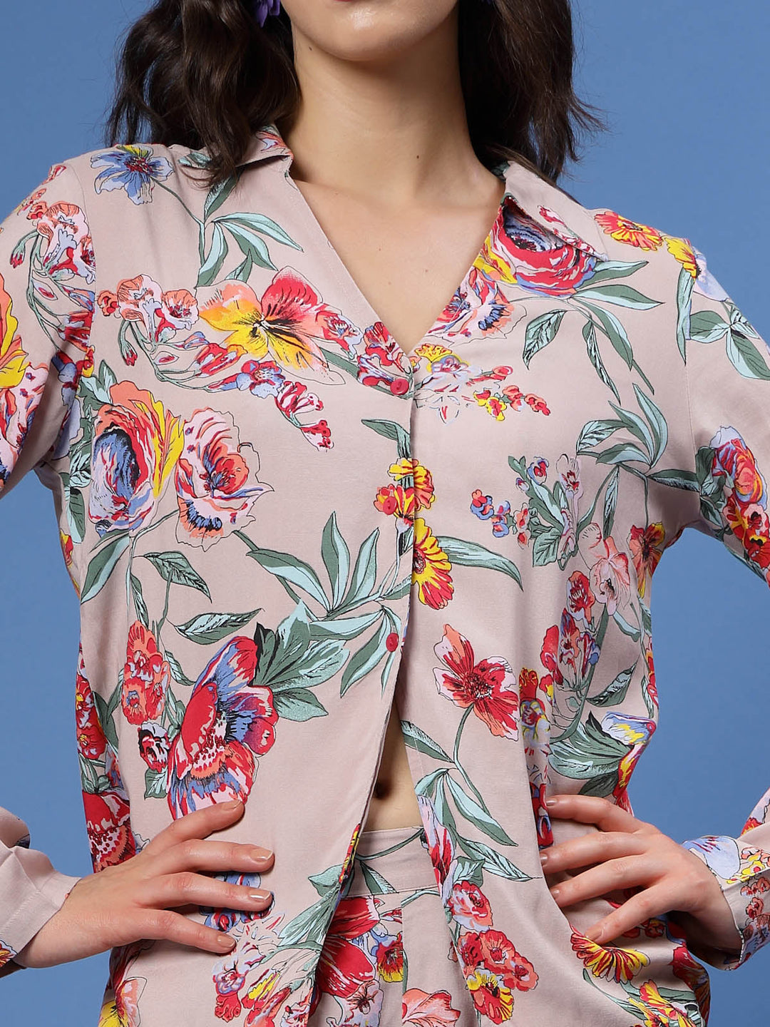 Floral Printed Shirt Collar Top With Trousers