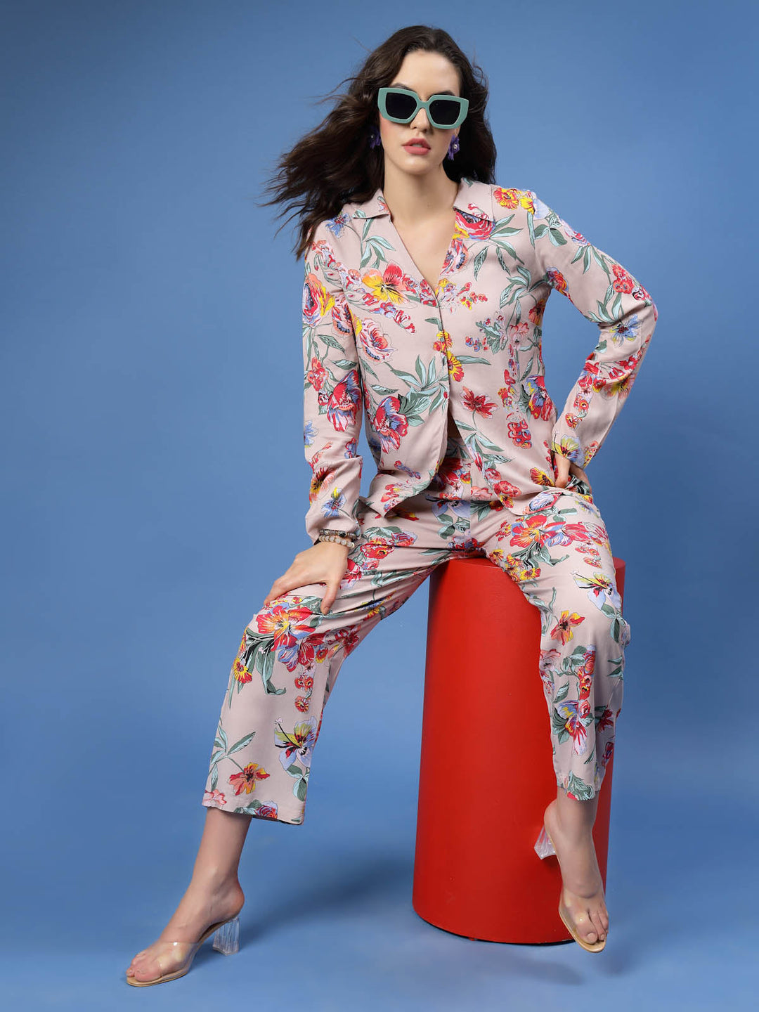 Floral Printed Shirt Collar Top With Trousers