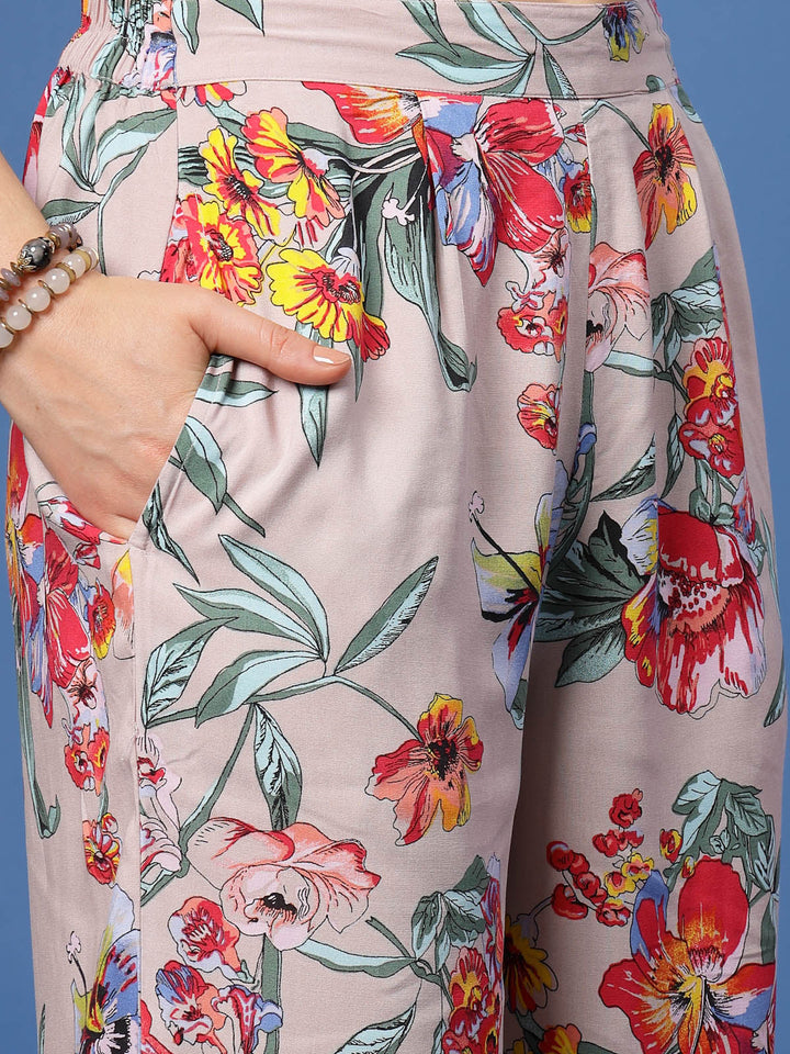 Floral Printed Shirt Collar Top With Trousers