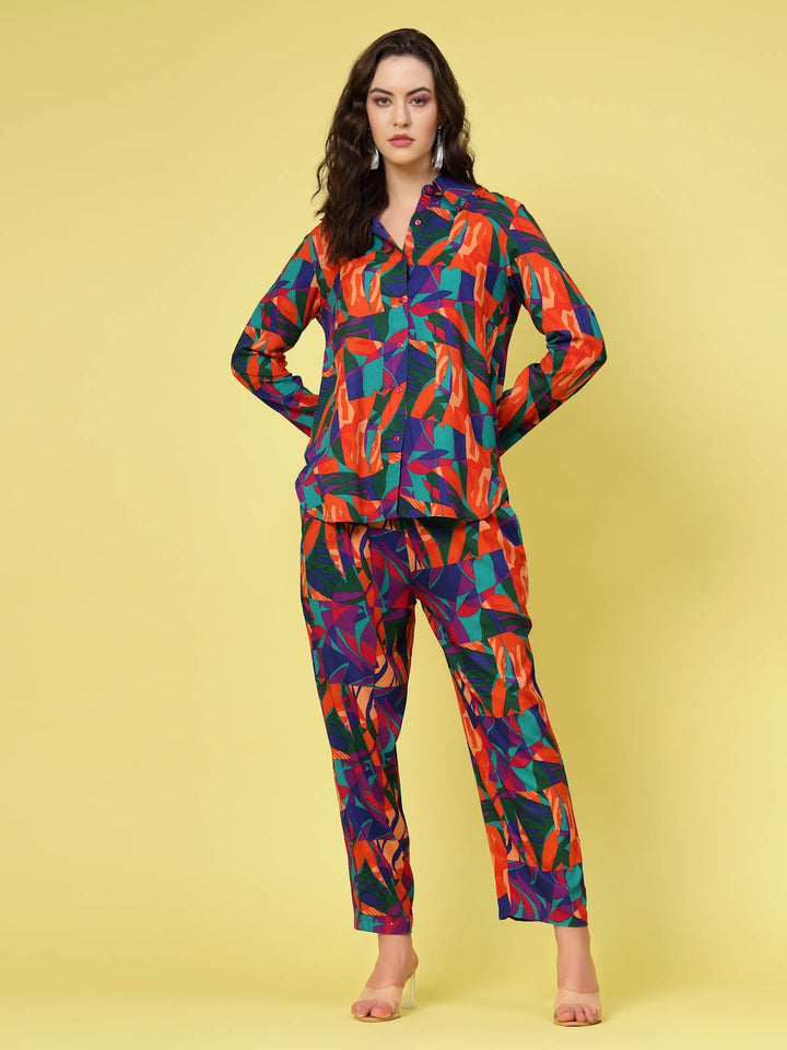 Orange & Blue Abstract Printed Long Sleeves Shirt & Trouser