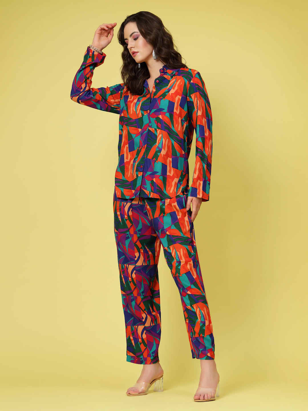 Orange & Blue Abstract Printed Long Sleeves Shirt & Trouser