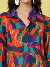 Orange & Blue Abstract Printed Long Sleeves Shirt & Trouser