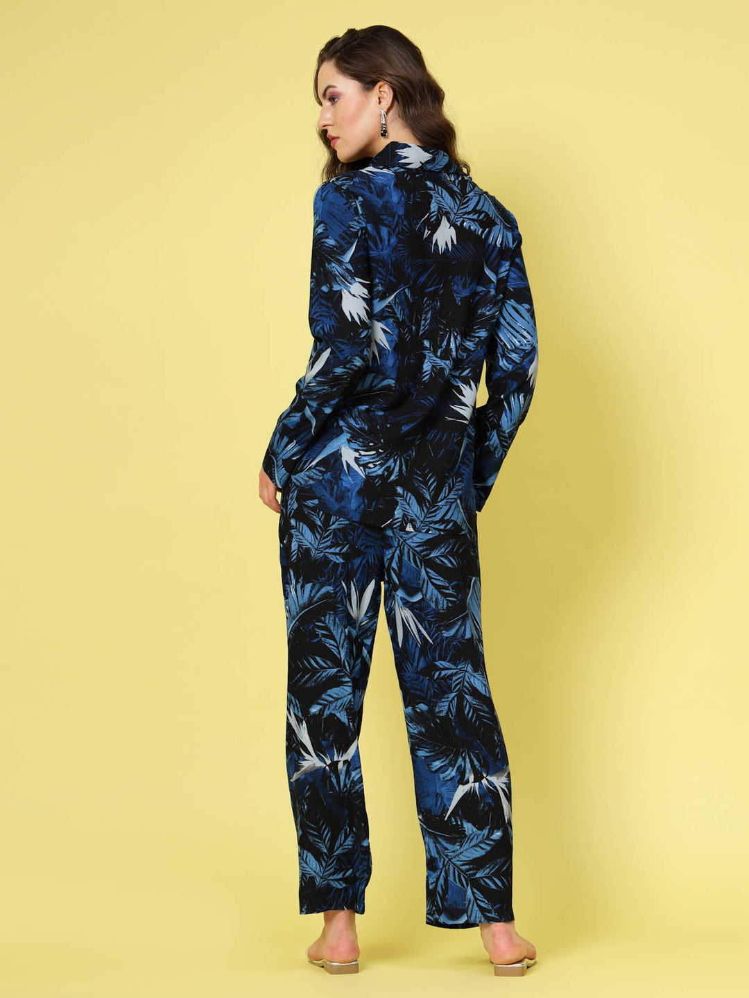 Navy Blue & White Printed Shirt Collar Shirt & Trouser