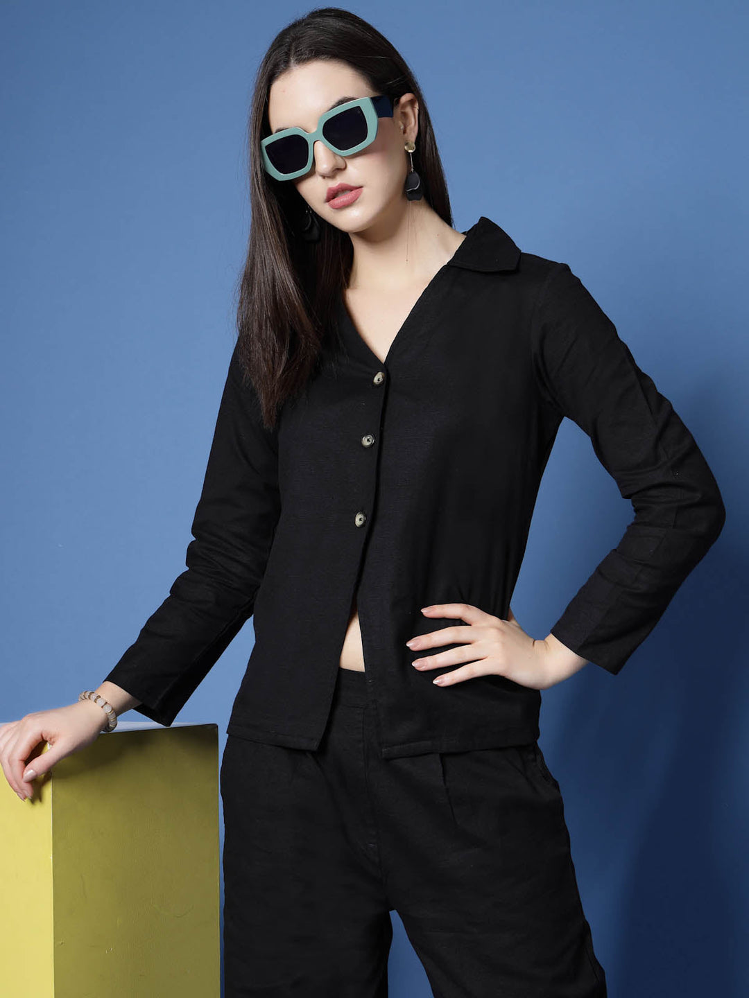 Black Pure Cotton Shirt With Trouser Co-Ords