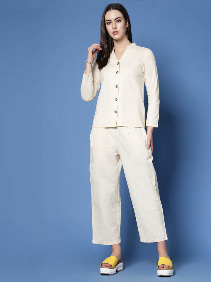 Cream-Coloured Mandarin Collar Pure Cotton Shirt With Trousers Co-Ords