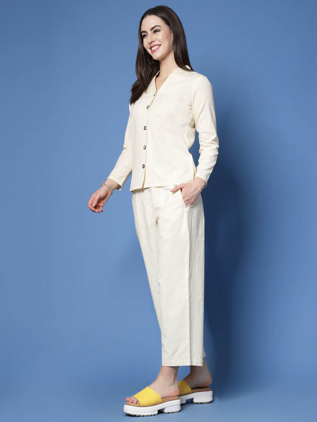 Cream-Coloured Mandarin Collar Pure Cotton Shirt With Trousers Co-Ords