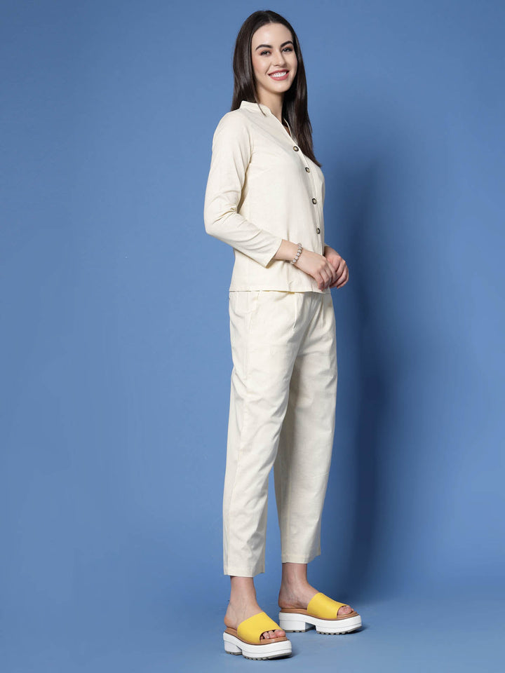 Cream-Coloured Mandarin Collar Pure Cotton Shirt With Trousers Co-Ords