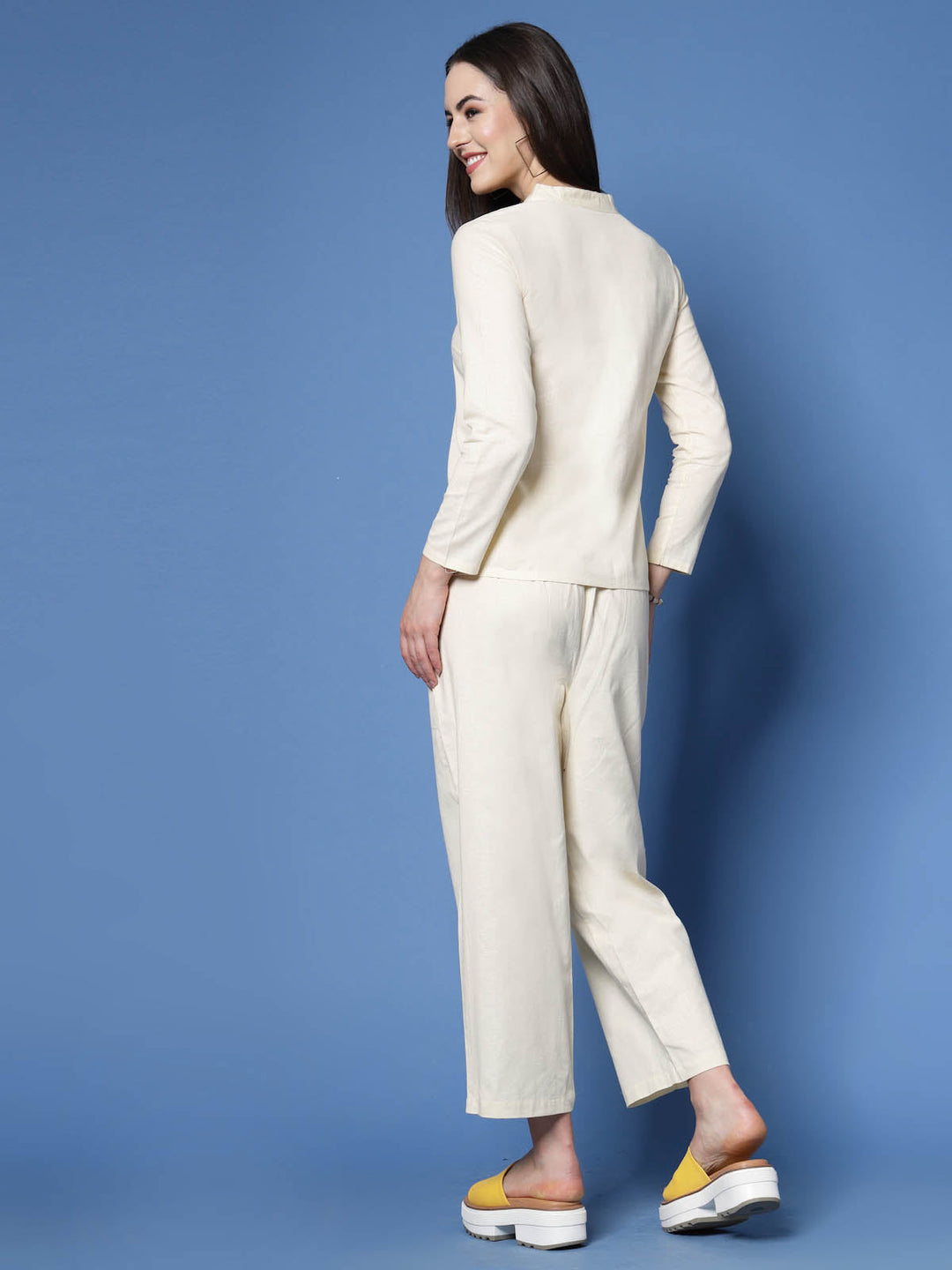 Cream-Coloured Mandarin Collar Pure Cotton Shirt With Trousers Co-Ords