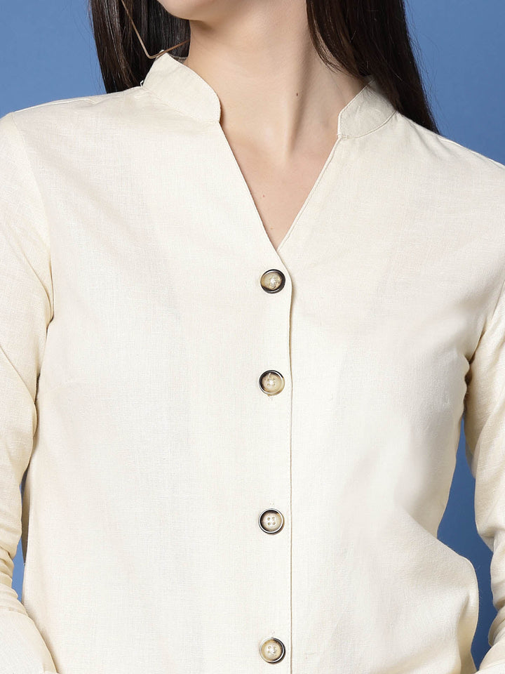 Cream-Coloured Mandarin Collar Pure Cotton Shirt With Trousers Co-Ords