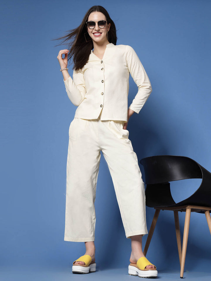 Cream-Coloured Mandarin Collar Pure Cotton Shirt With Trousers Co-Ords