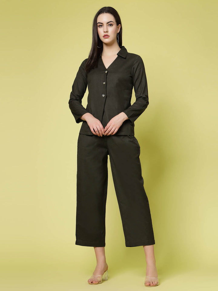 Olive Pure Cotton Shirt With Trouser