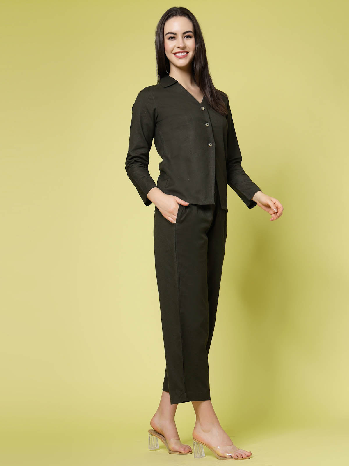 Olive Pure Cotton Shirt With Trouser