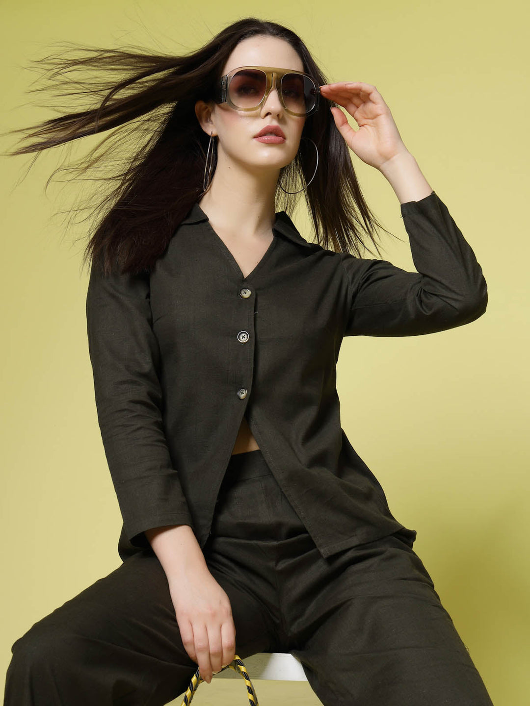 Olive Pure Cotton Shirt With Trouser