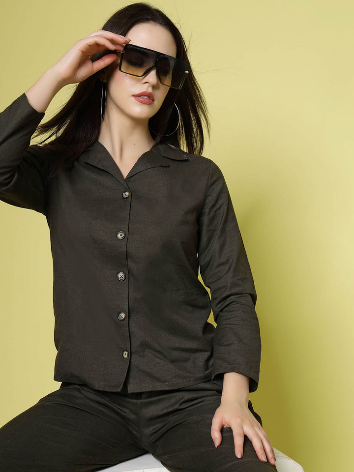 Olive Green Pure Cotton Shirt With Trousers