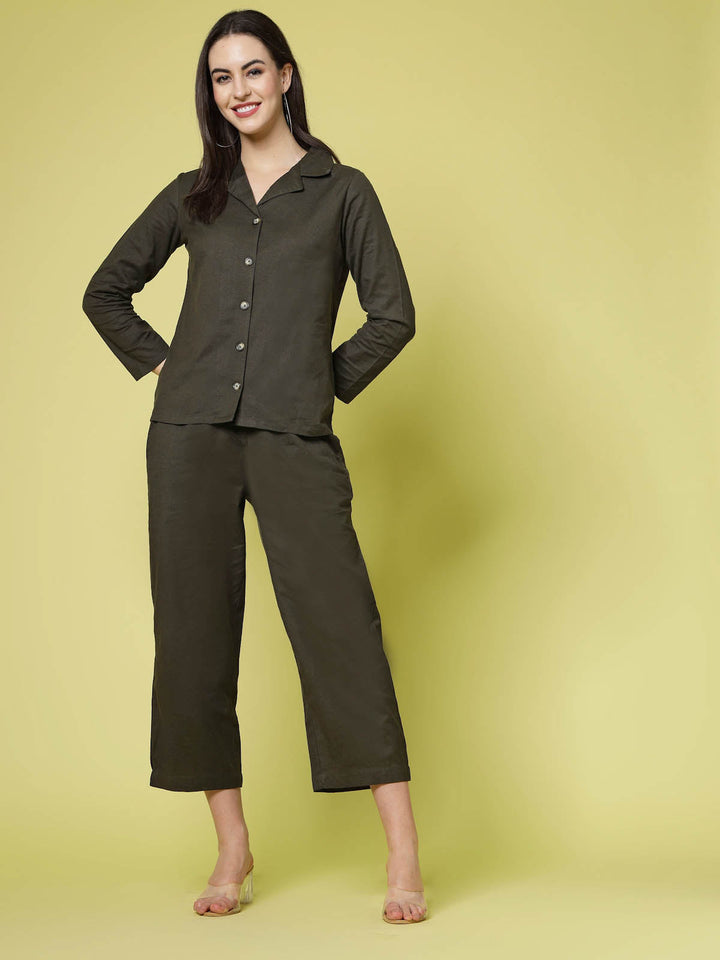 Olive Green Pure Cotton Shirt With Trousers