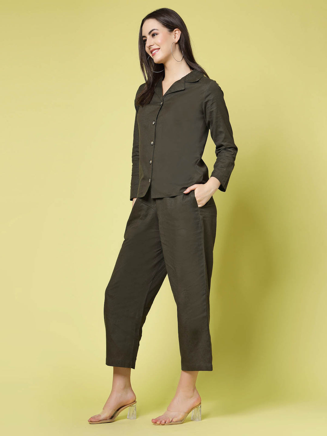 Olive Green Pure Cotton Shirt With Trousers