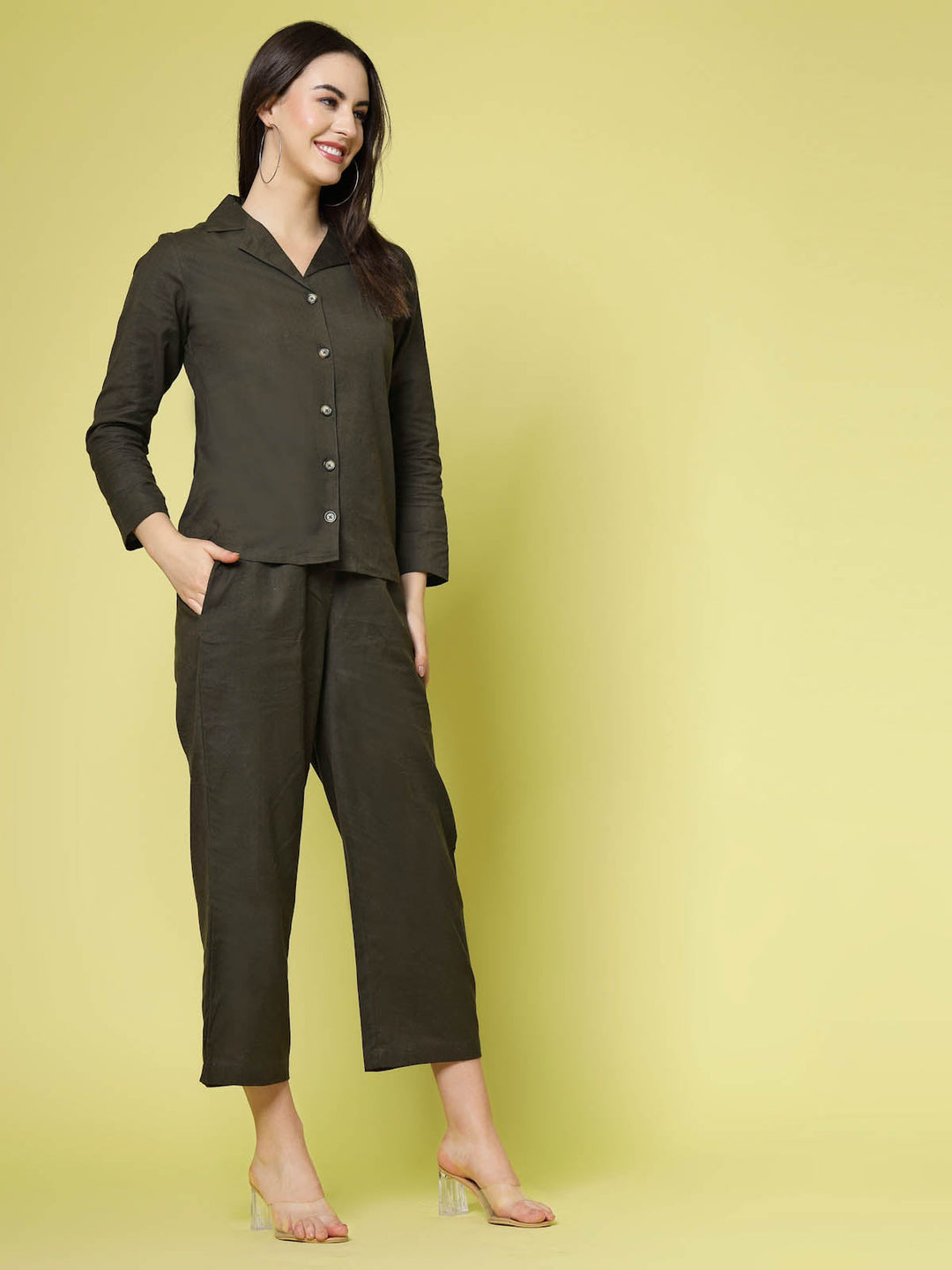 Olive Green Pure Cotton Shirt With Trousers