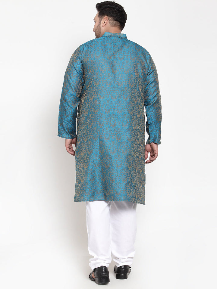 plusS Men Blue  White Self Design Kurta with Pyjamas