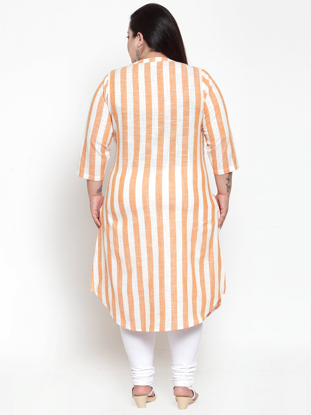 Women White & Orange Striped Tunic