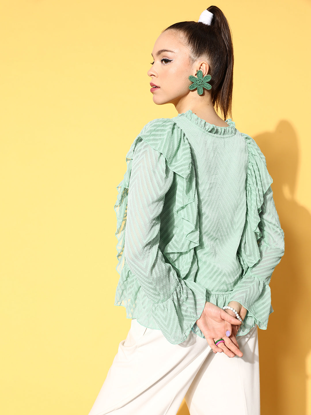 plusS Enchanting Sea Green Abstract Feminine Frills Top