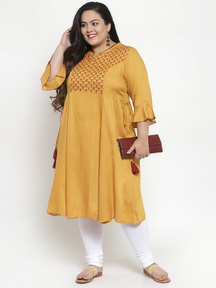 plusS Women Mustard Yellow  Red Yoke Design A-Line Kurta