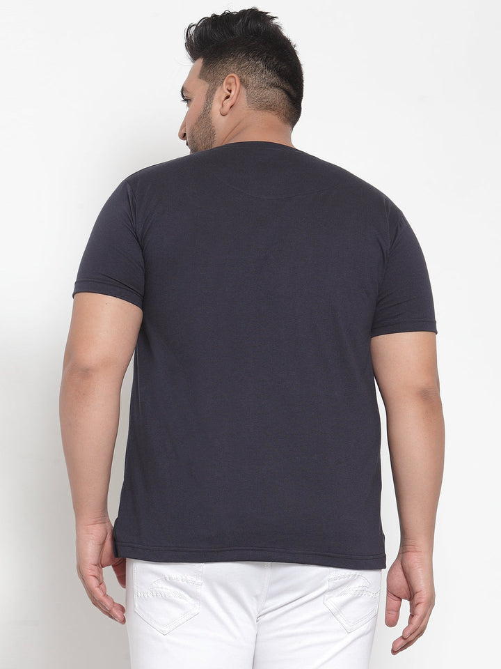 Men Navy Blue Printed Round Neck Pure Cotton T-shirt