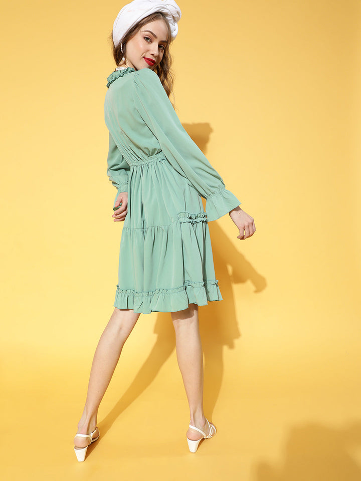 plusS Enchanting Sea Green Solid Ruffled Dress