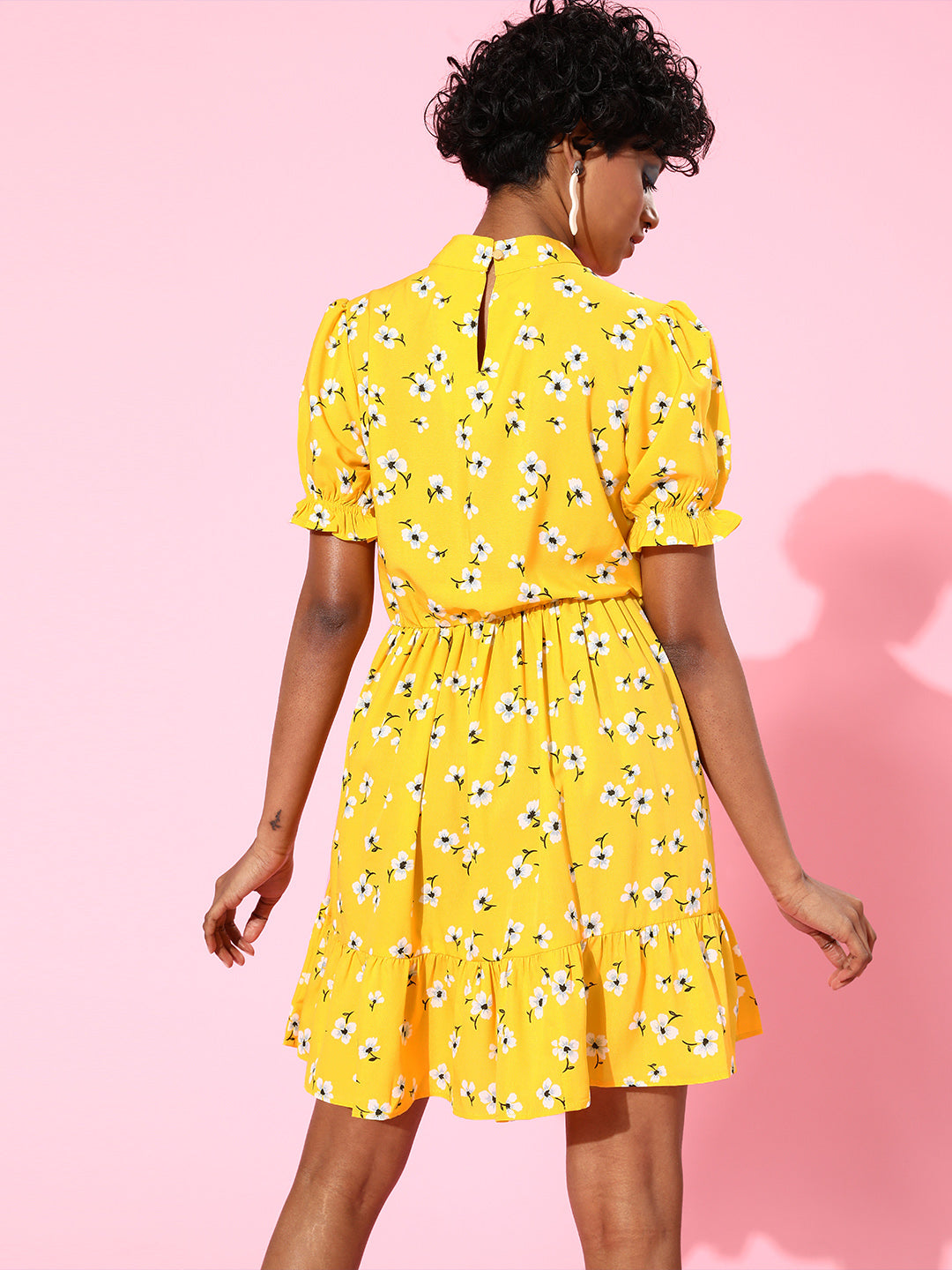 plusS Women Bright Yellow Floral Sweetheart Neck Dress