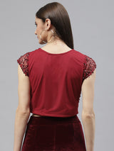 plusS Women Red Poly Georgette Sequined Crop Top