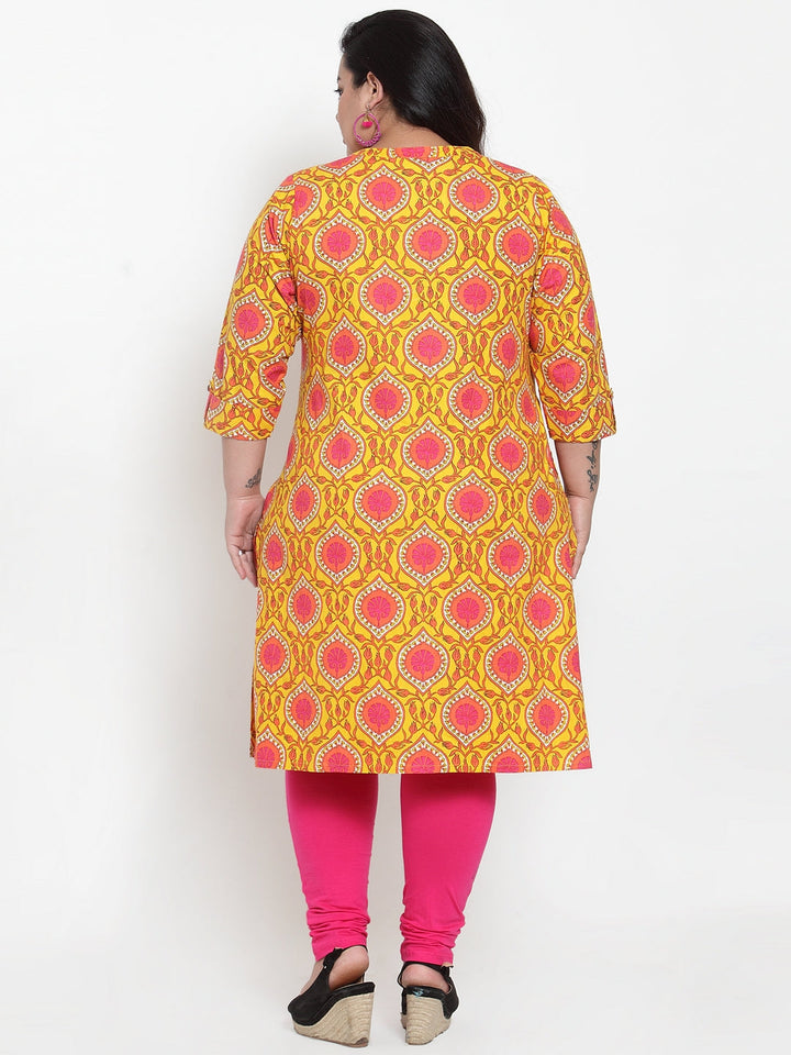 plusS Women Yellow  Pink Printed Straight Kurta