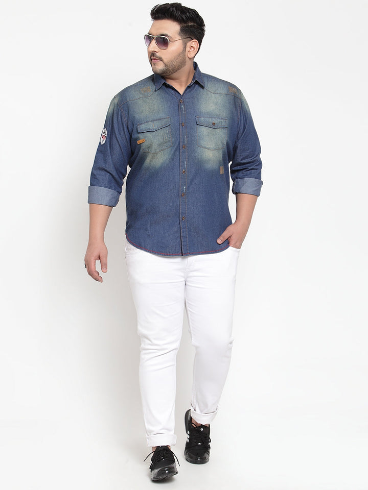 plusS Men Blue Regular Fit Faded Denim Casual Shirt