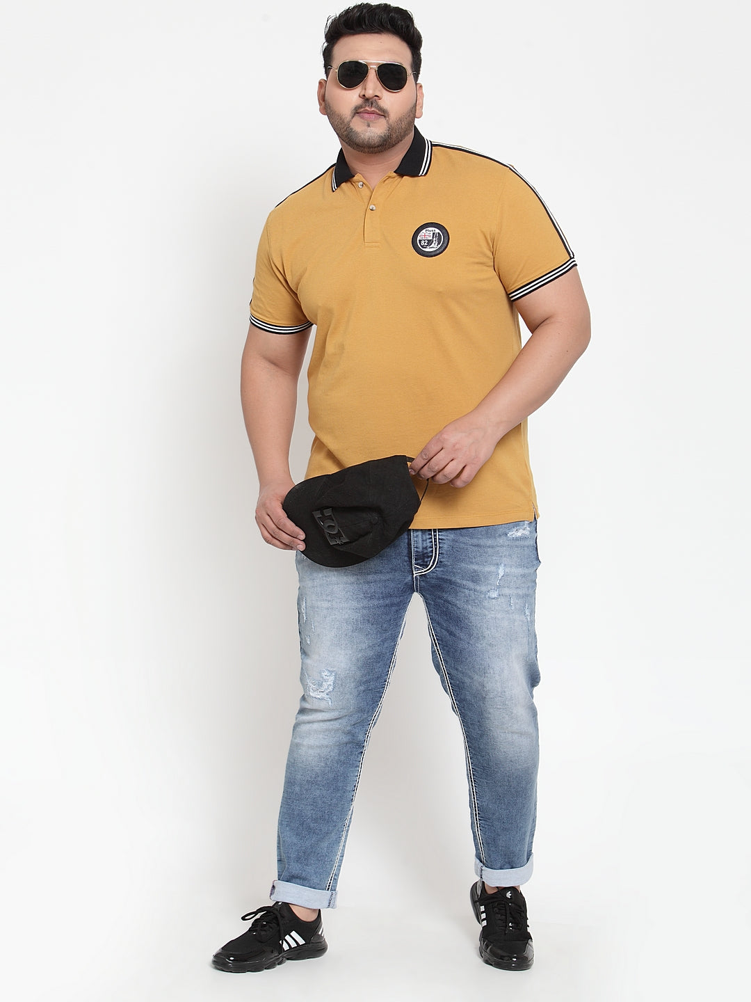 plusS Men Mustard Yellow  Black Solid Polo Collar Pure Cotton T-shirt