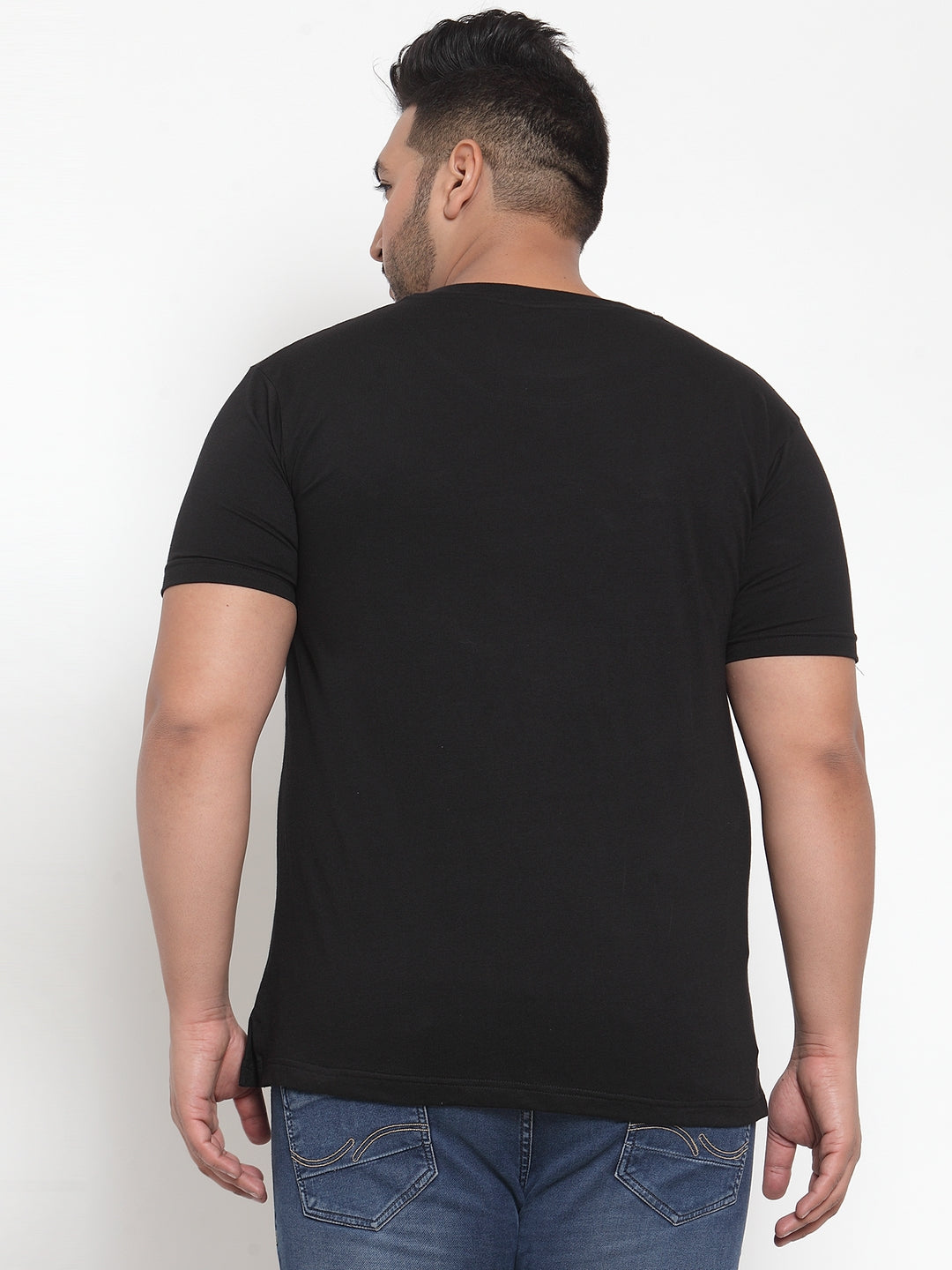 plusS Men Black Printed Pure Cotton T-shirt