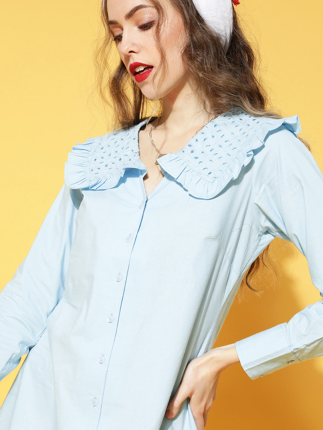 plusS Blue Solid Above the Keyboard Collar Dress