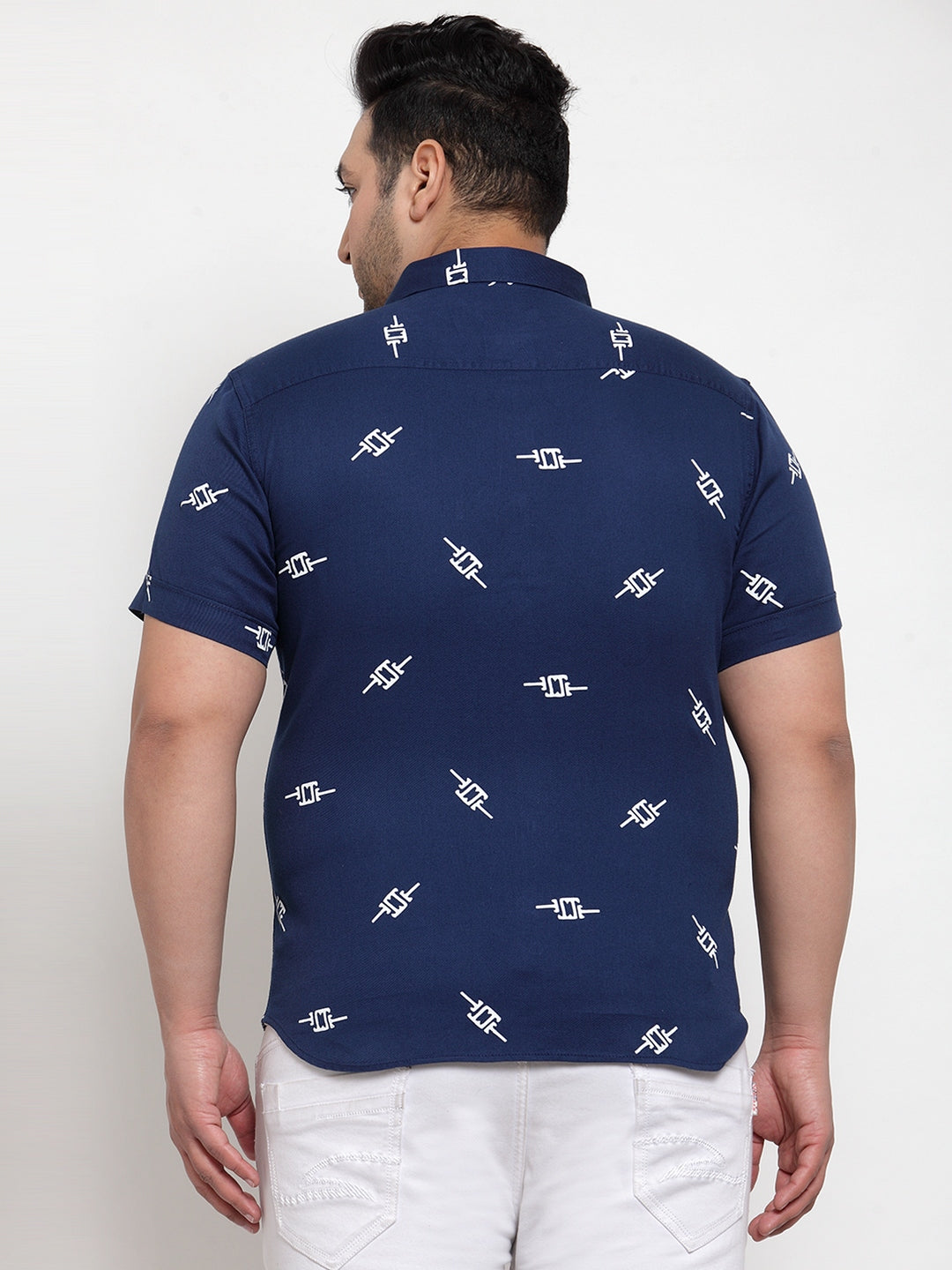 plusS Men Navy Blue Regular Fit Printed Casual Cotton Shirt