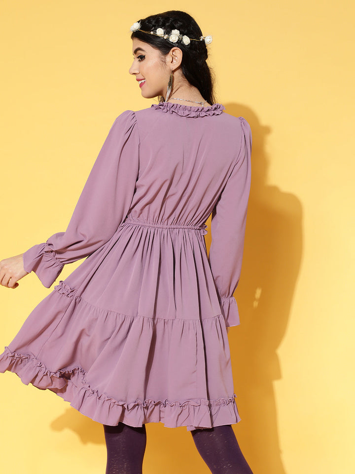 plusS Elegant Mauve Solid Ruffled Dress