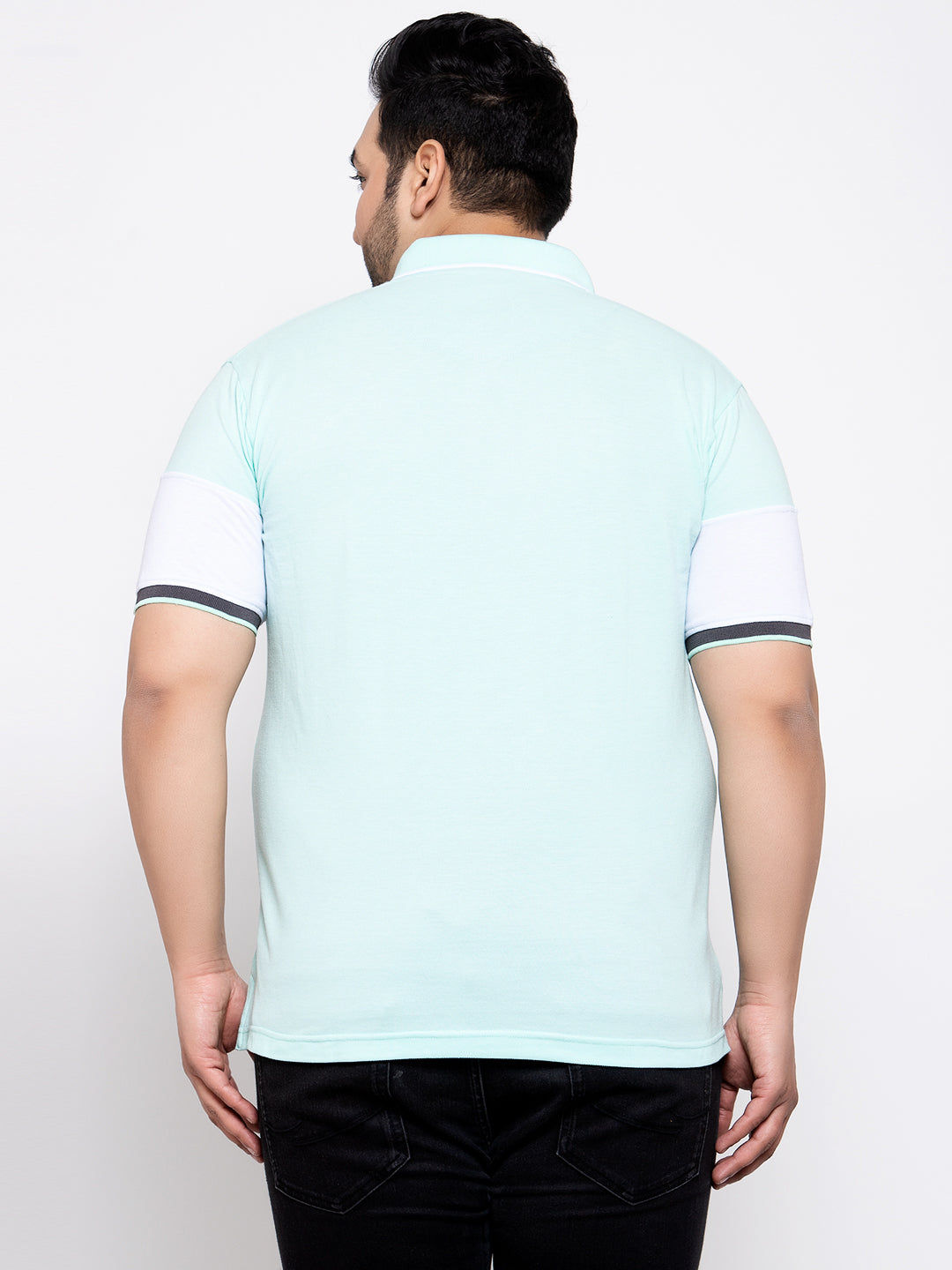 Men Sea Green White Printed Polo Collar Cotton Pure Cotton T-shirt