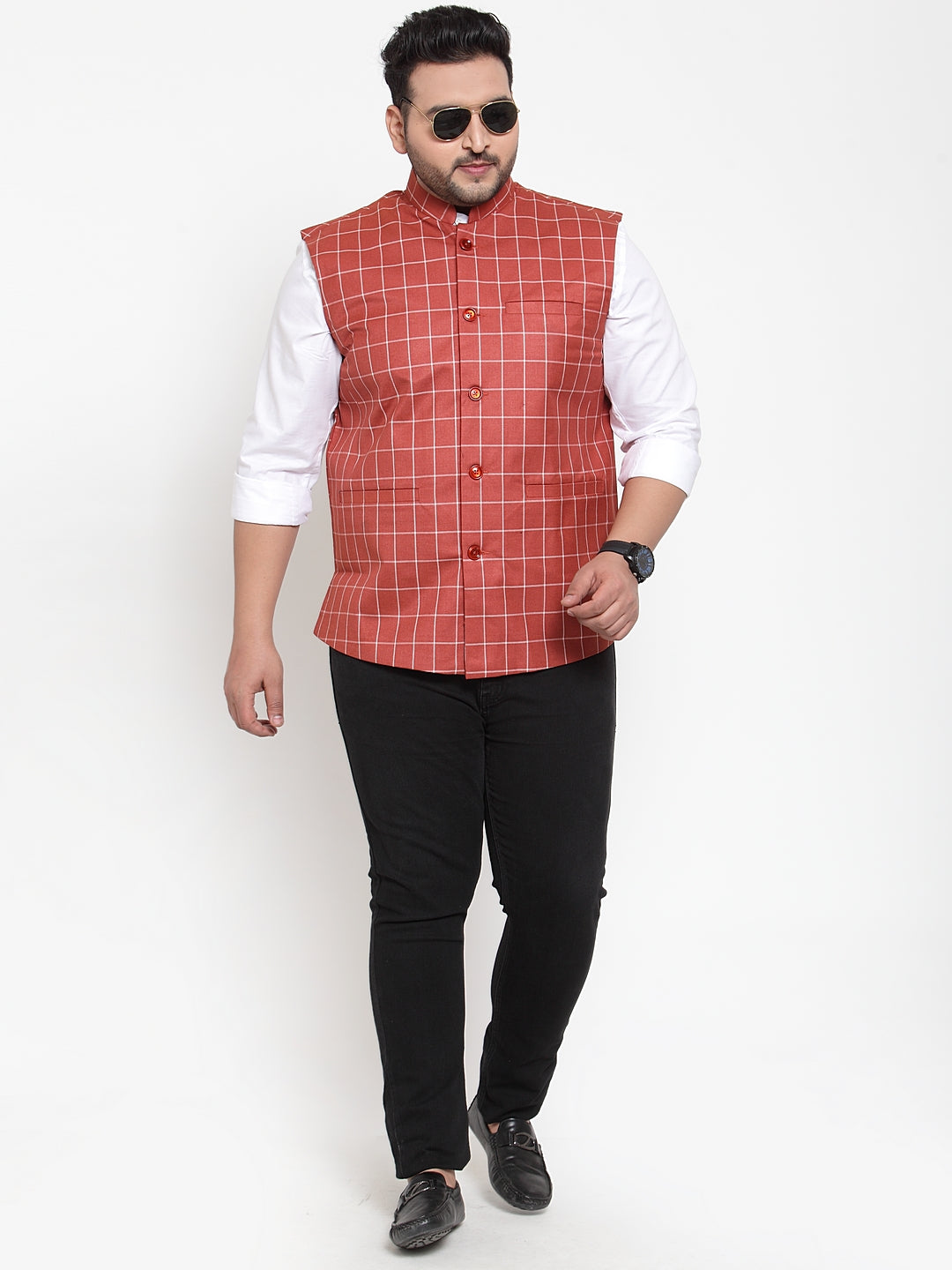 Men Orange & White Checked Waistcoat