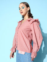 plusS Charming Red Vertical Striped Ruffled Top