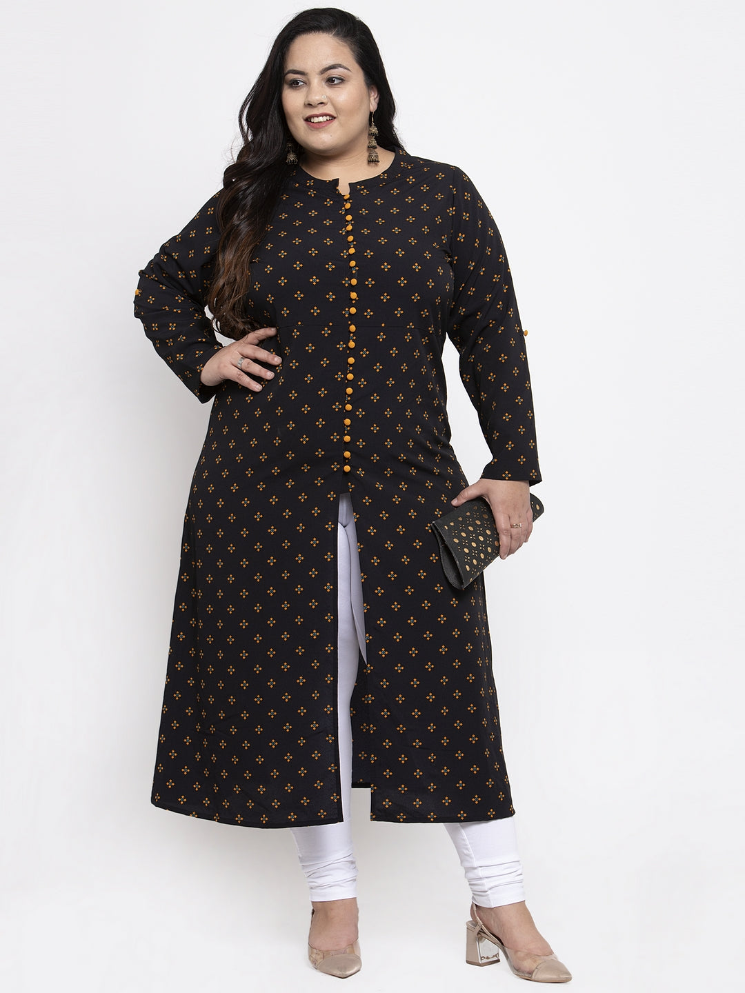 plusS Women Black Woven Design A-Line Kurta