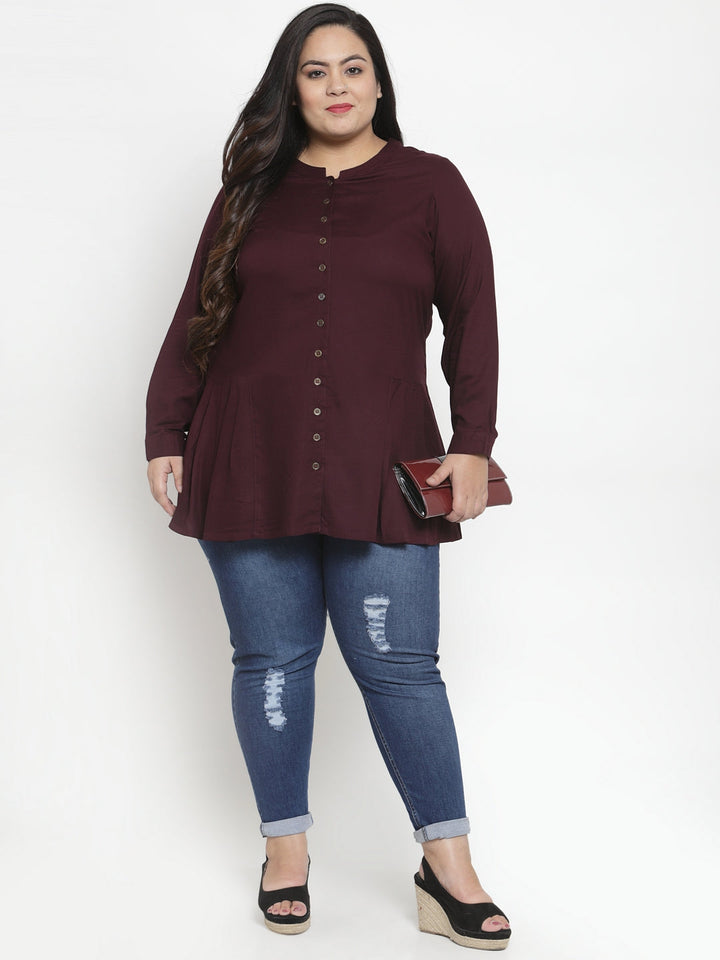 plusS Women Burgundy Solid Shirt Style Top