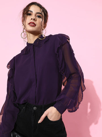 Charming Purple Solid Ruffled Shirt