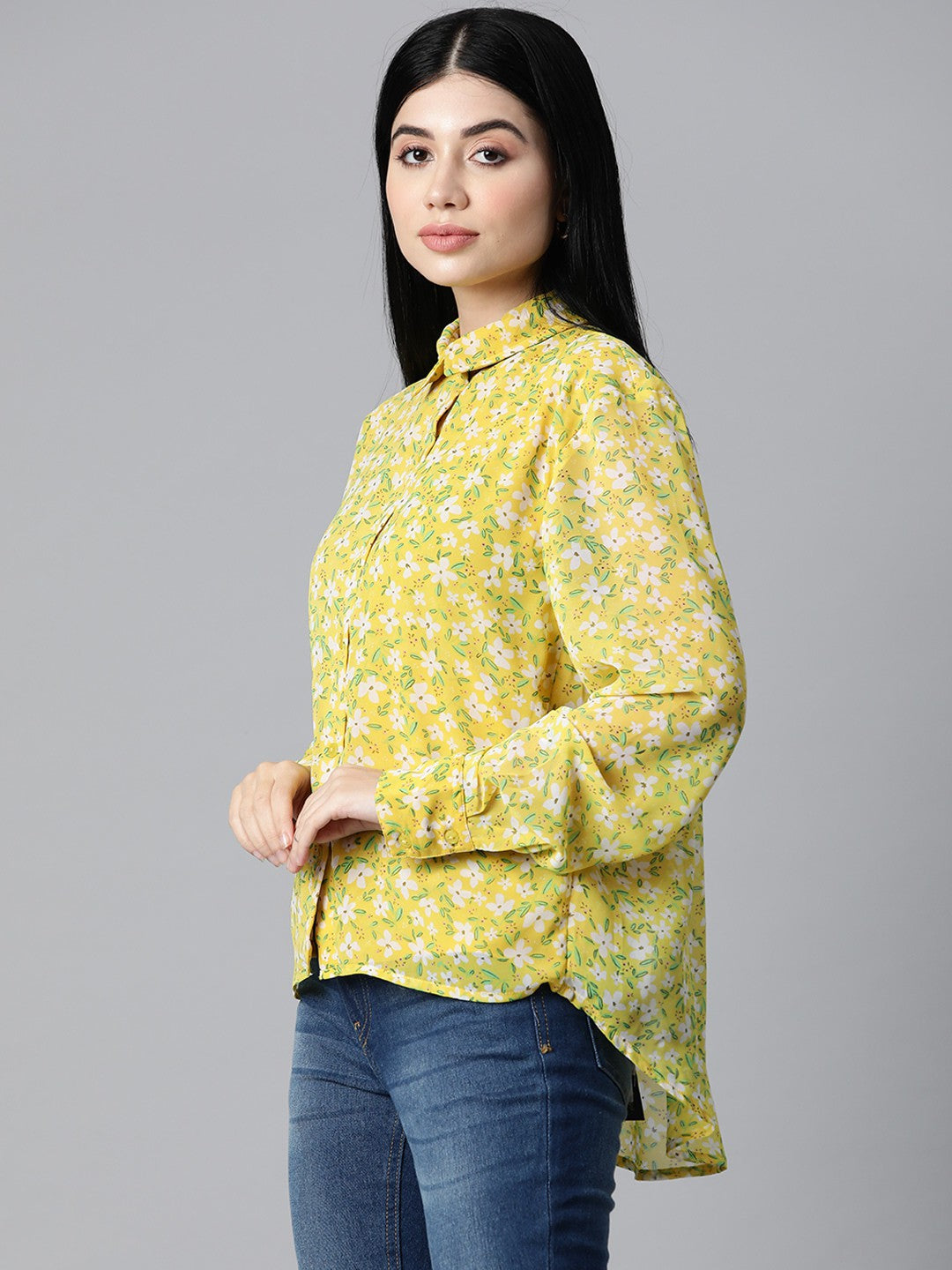 plusS Women Yellow  White Floral Printed Casual Shirt