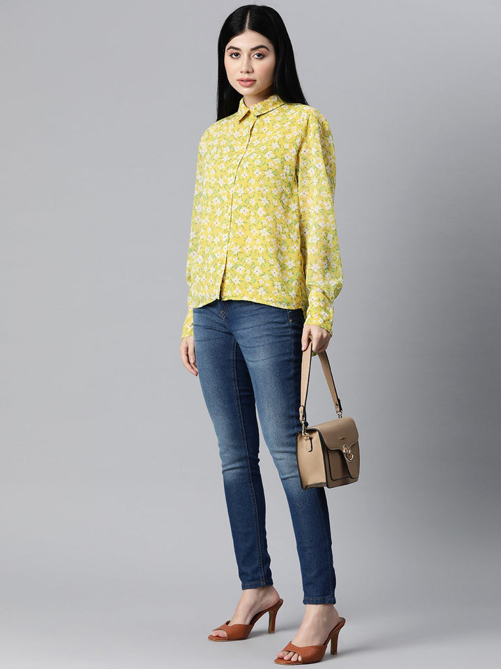 plusS Women Yellow  White Floral Printed Casual Shirt