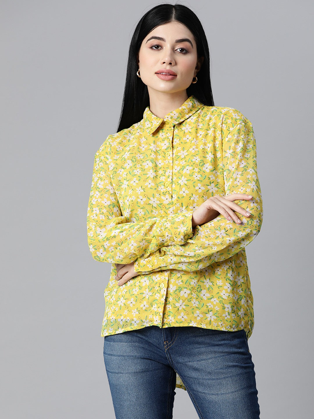 plusS Women Yellow  White Floral Printed Casual Shirt